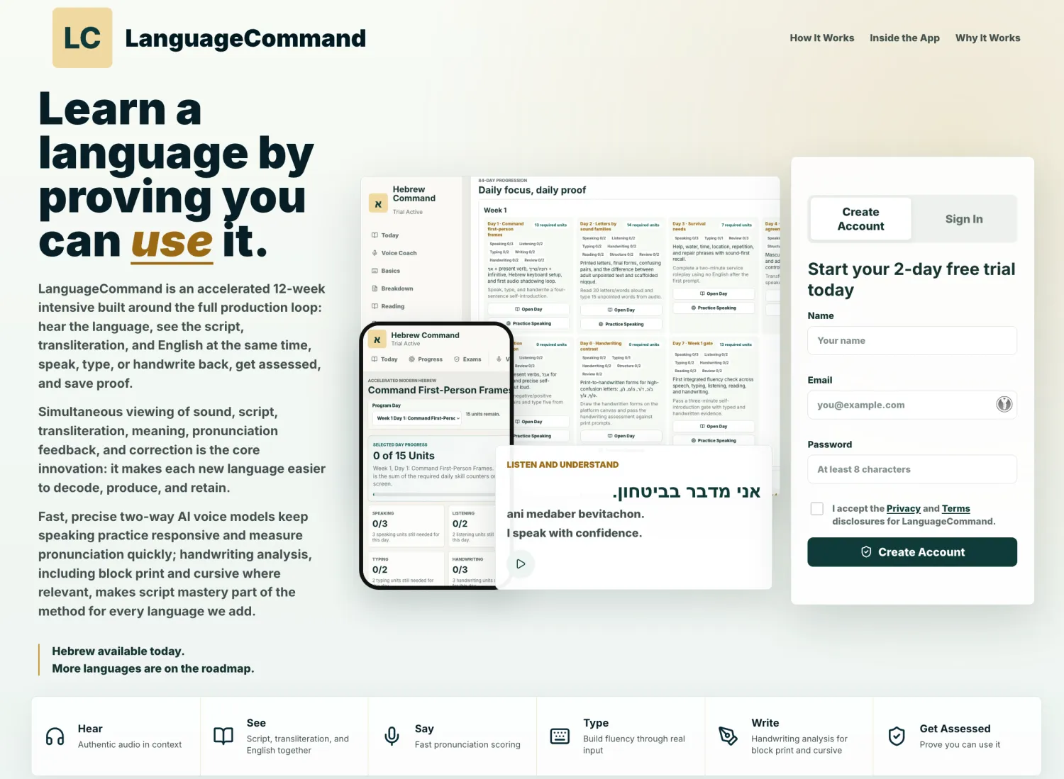 LanguageCommand application with progress dashboard, mobile practice, lesson interface, and account creation
