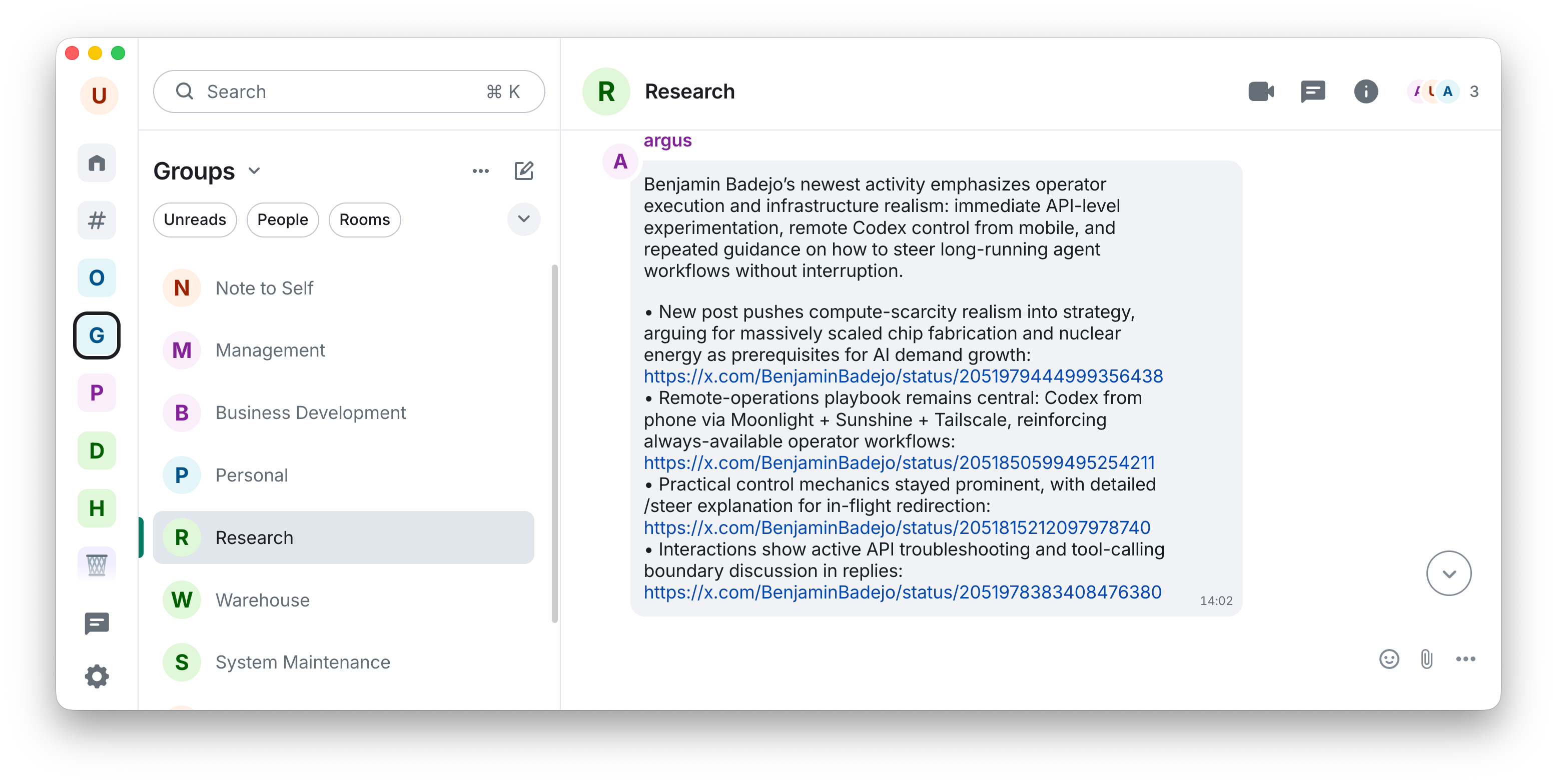 Element desktop app showing multiple Matrix chat rooms used to coordinate OpenClaw agents across research, management, business development, personal, warehouse, and maintenance workflows
