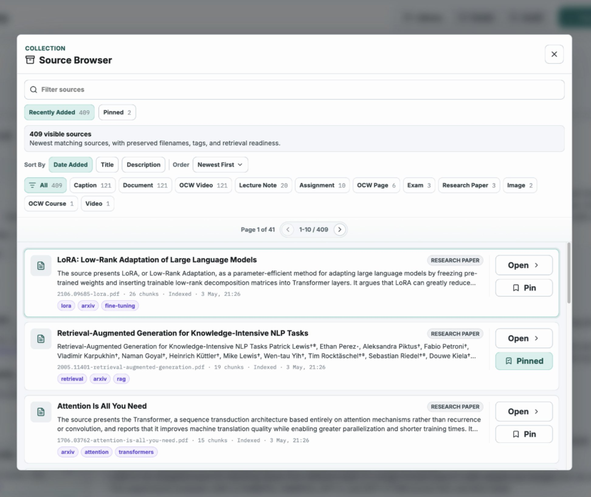 Local Library source browser with filters, pinned sources, and categorized local materials