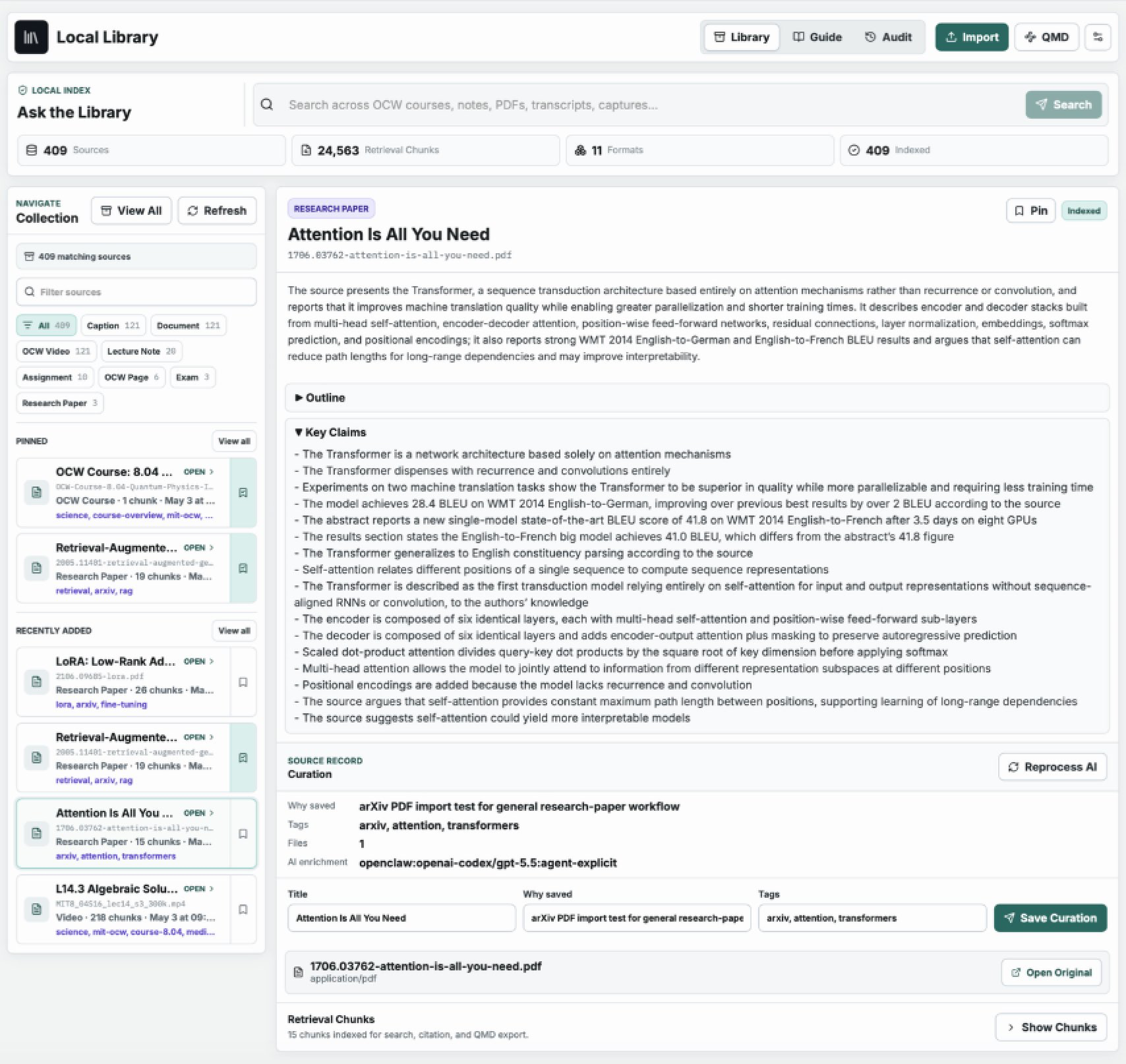 Local Library source detail view with semantic search and curation controls