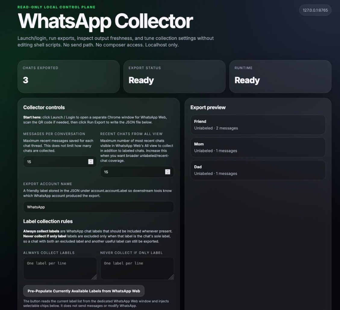 WhatsApp Collector local control plane screenshot