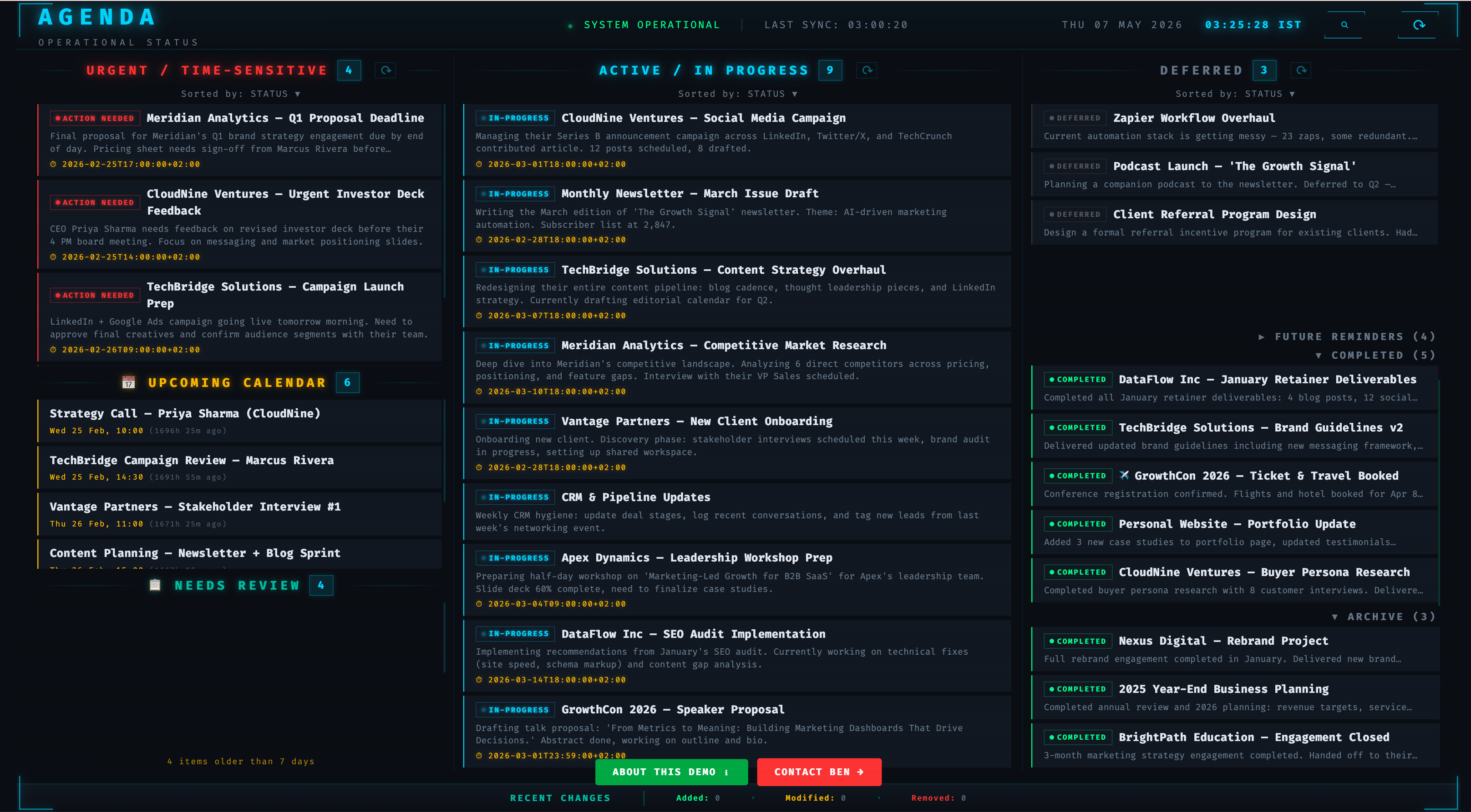 Agenda dashboard ingesting urgent work, active projects, calendar items, completed work, future reminders, and archive data into one command surface